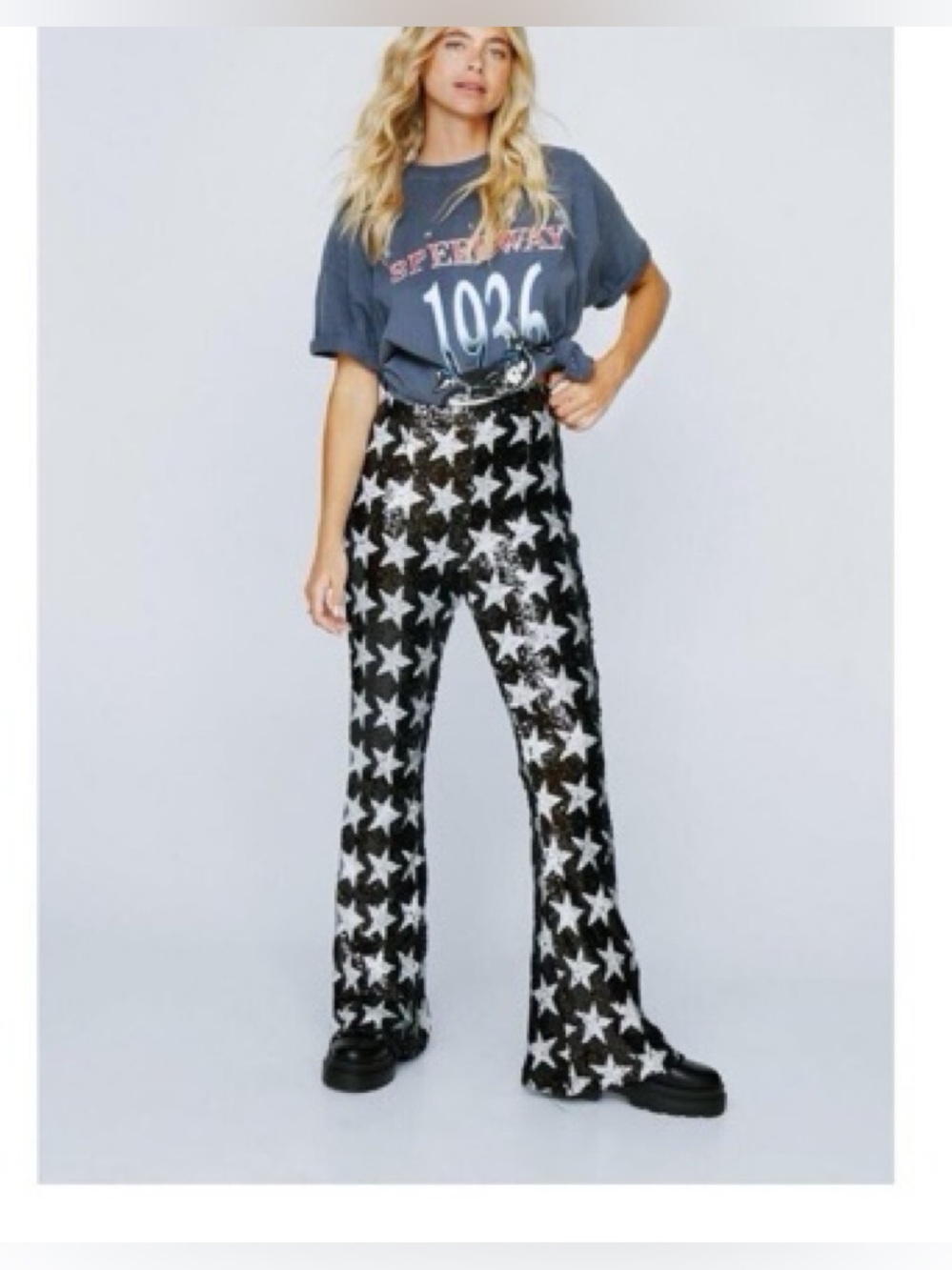 Nasty Gal Sequin Star Flare Pants - Black & white